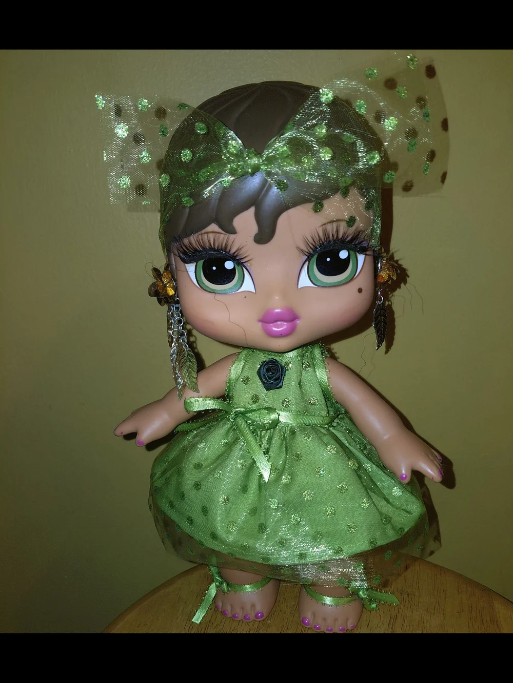 New Handmade Green Polka Dot Dress For Bratz Big Babyz Doll with Headband, 12